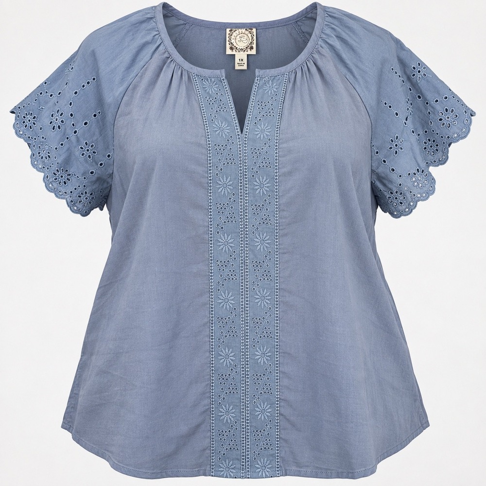 Isabel Blue Eyelet Flutter Sleeve Split Neck Blouse Top Plus Size 1X NWT
